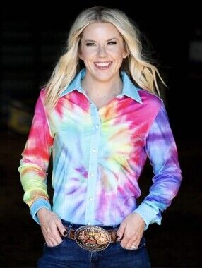 RANCH DRESS'N Fallon Taylor "Tie Dye" Colorful  Rodeo Performance shirt sz M EUC